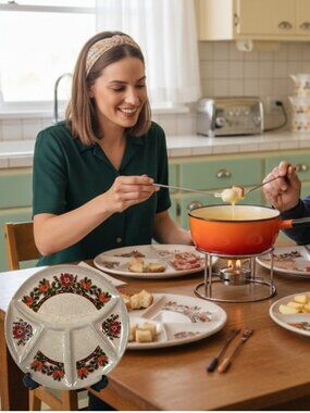 Divided Fondue Plates Vintage Ceramic Colourful European Folk Art Raclette Set 3